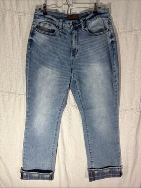 Judy Blue High Rise Plaid Cuff Straight Leg Jeans Medium Wash Stretch 14W EUC